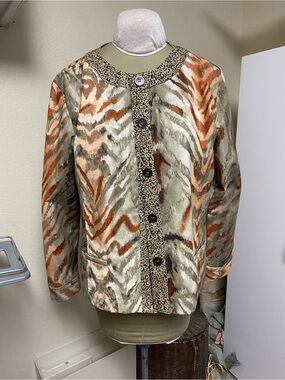 Chico's 3 (XL) Brown and Rust Animal-Print Button Jacket